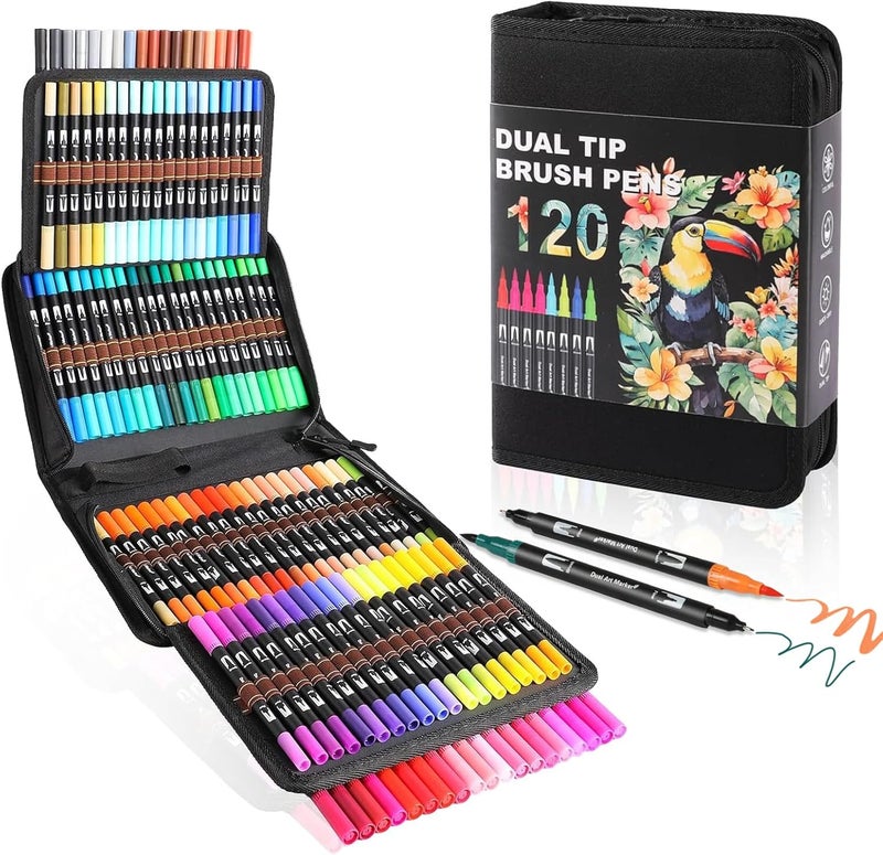 TOSHARE Dual Tip Markers, Brush Art Markers Set with Fine Tip and Brush Tip for Adult Coloring Book, Hand Lettering, Calligraphy & Drawing, Professional Art Supplies Kit for Adults (120 Colors) - Image 1